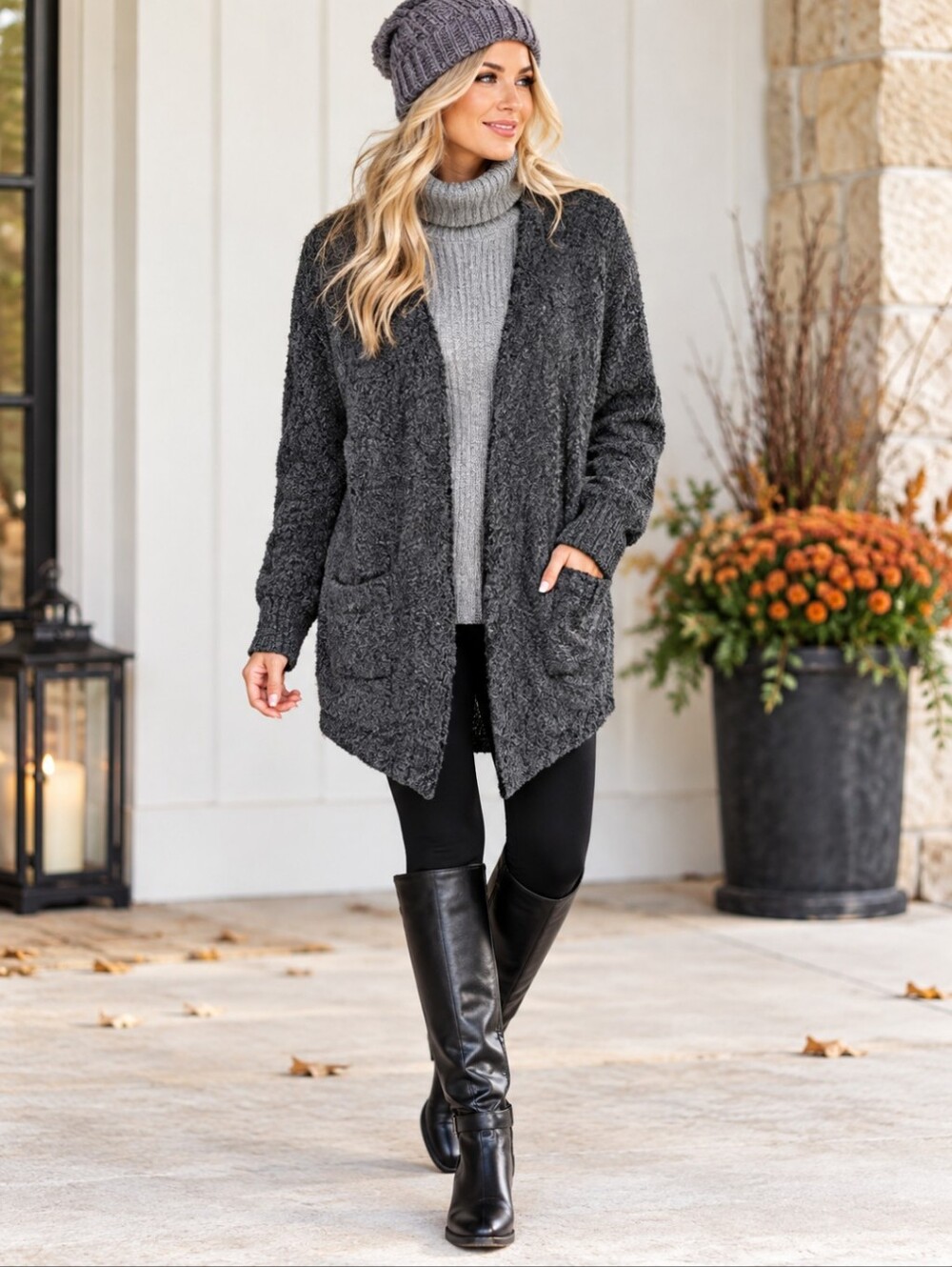 Evereve Charcoal Gray Textured Knit Longline Open Front Cozy Cardigan Sweater L